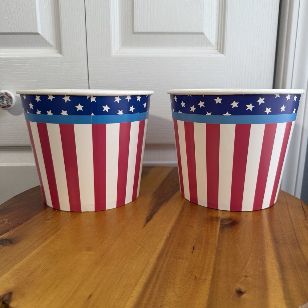 Lot Of 2 Red White Blue Patriotic Paper? Buckets Party Holiday Decor USA Flag